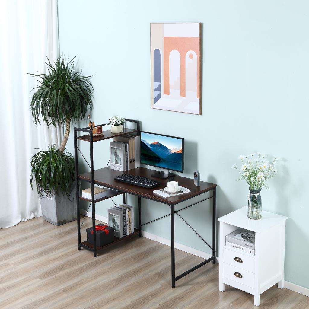 Corner Desk with Storage Industrial Design with Bookcase 3 Shelves Particle Board Walnut Look