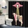 Ufo Abduction Cow Shower Curtain Sci-Fi Anatomy Art With Pink Flying Saucer, Black Background, Includes Hooks 70.8×70.8 Inches