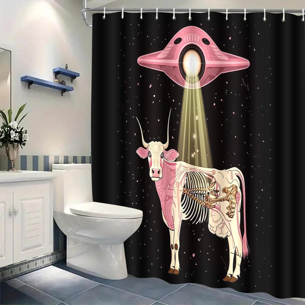 Ufo Abduction Cow Shower Curtain Sci-Fi Anatomy Art With Pink Flying Saucer, Black Background, Includes Hooks 70.8×70.8 Inches
