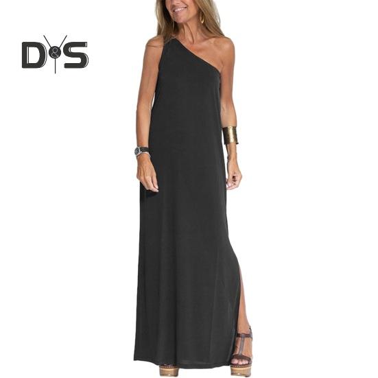 Kvinner Maxikjole En skulder Ermeløs Ryggløs Ensfarge Løs Myk Skrå Hals Side Delt Full Lengde Sommerferiekjole