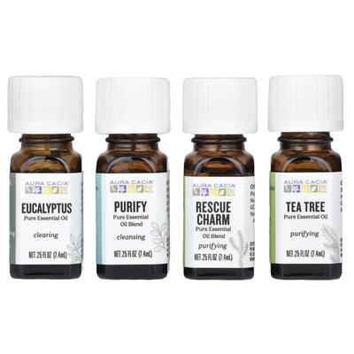 Aura Cacia, Kit de Purificare, Uleiuri Esențiale Pure pentru Clarificare, 4 Sticle, 0,25 fl oz (7,4 ml) Fiecare