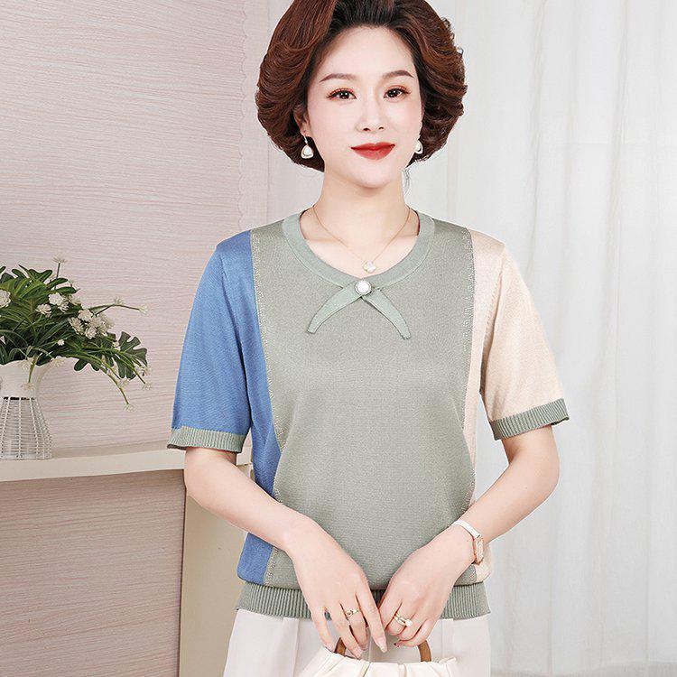 

Color Block Knit Short Sleeve T-Shirt for Middle-aged and Elderly Women - Comfortable Summer Top 3XL (recommended 140-160 jin) синій