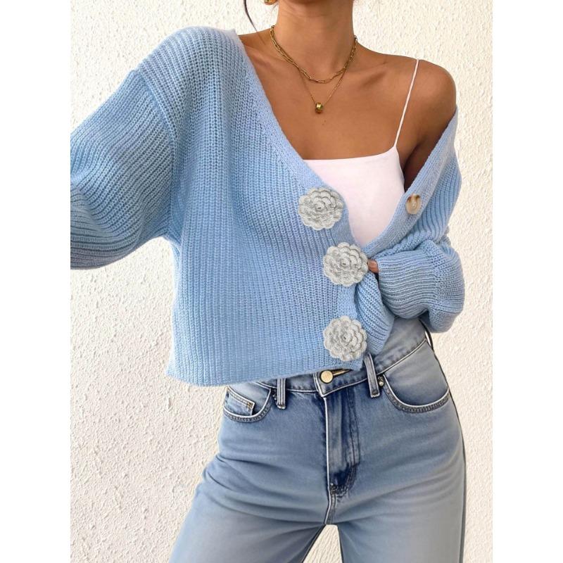 Women S Knitted Cardigan Sweater Streetwear Short Top With Crochet Buttons