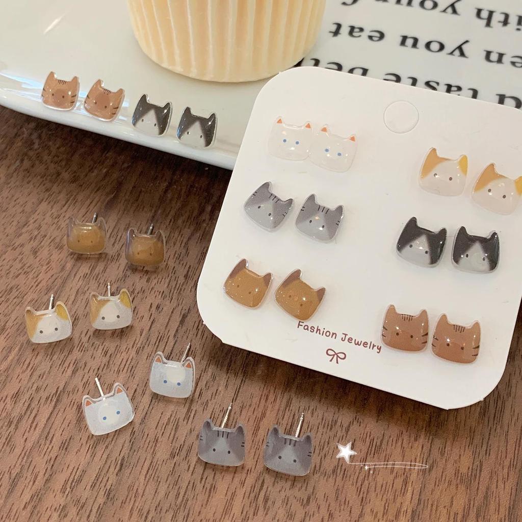 Exquisite Japanese Cute Cat Head Silver Stud Earrings for Women
