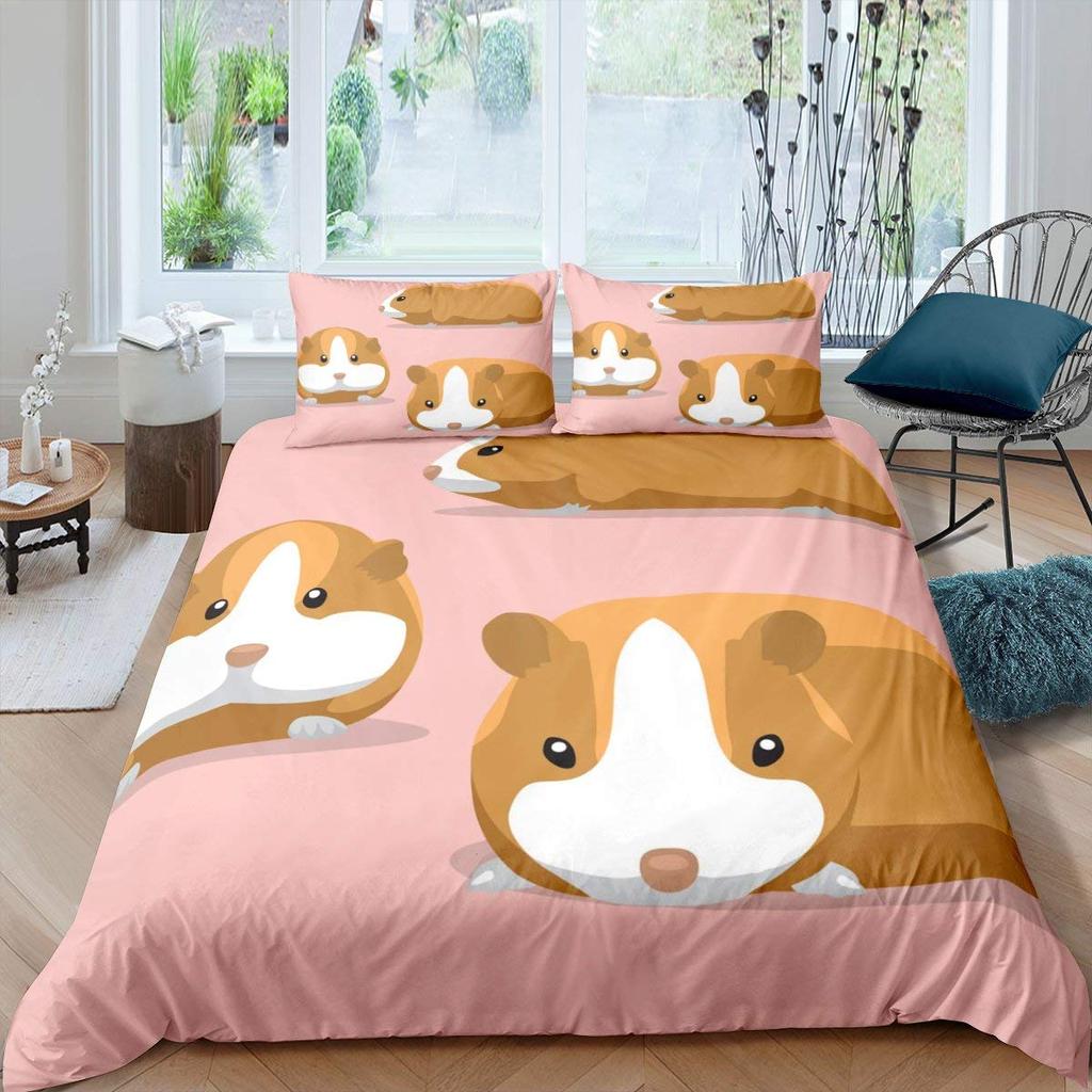 Guinea Pig King Queen Bedding Set Lovely Cartoon Mouse Duvet Cover Flower Plant Animal Comforter Cover Polyester Quilt Cover