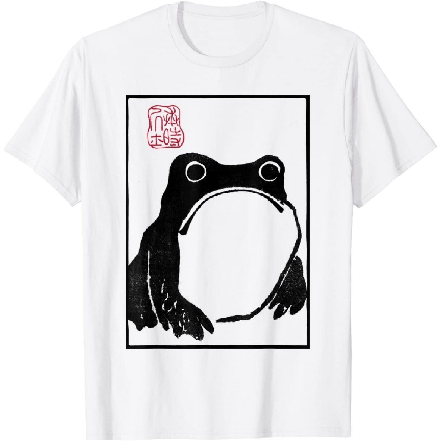 SVNP Grumpy Frog Unimpressed Toad Vintage Japanese Aesthetic Art T-Shirt (White, M) S