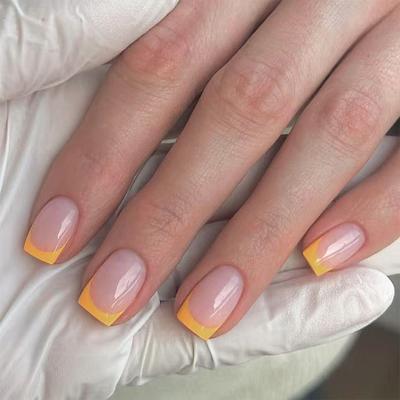 Aufdrücknägel Gelb Falsche Nägel Squoval Klebenägel Glänzend Acryl Falschnagel Vollabdeckung Aufklebenägel für Damen