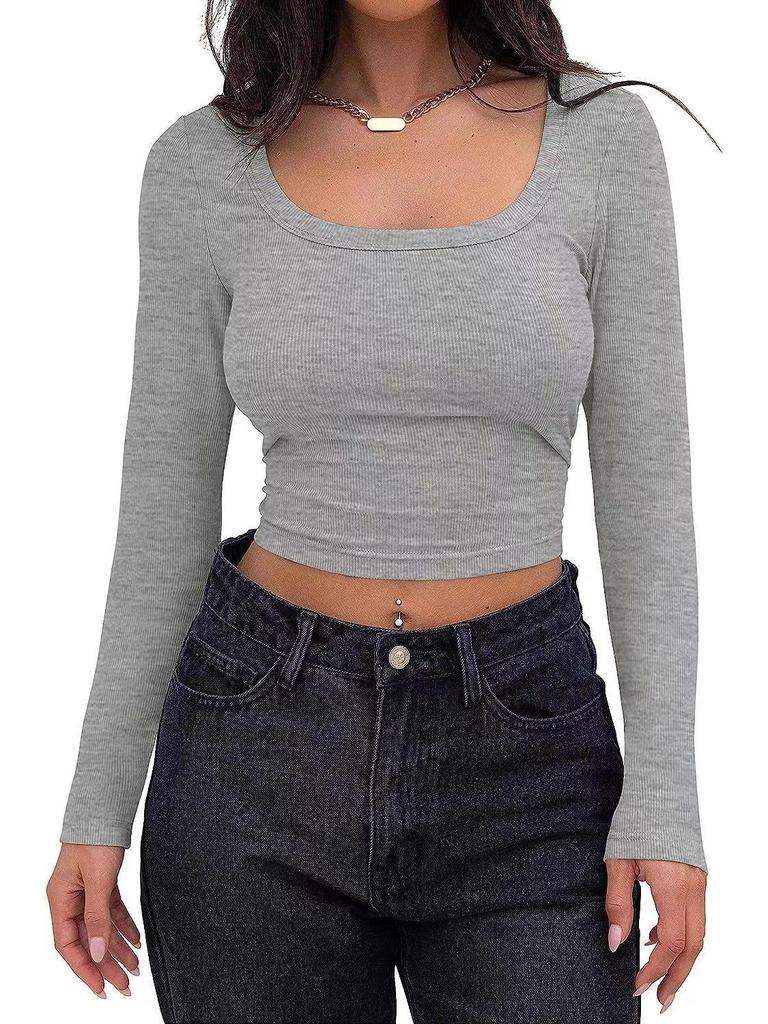 Νέο γυναικείο μπλουζάκι με μακρυμάνικο τετράγωνο λαιμό ευρωπαϊκή και αμερικανική λεπτή εφαρμογή 2024