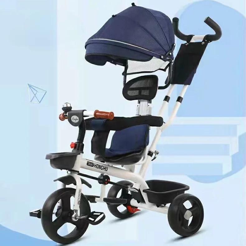 

Детская коляска 2 в 1 со складными педалями, детский трехколесный велосипед с большим задним отделением для хранения вещей, защитой от опрокидывания для малышей синий