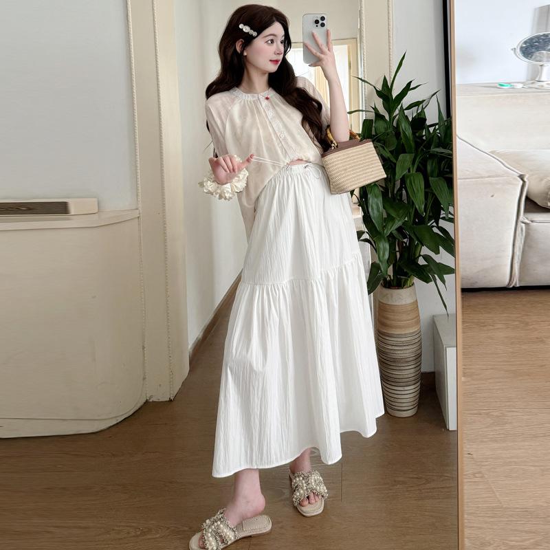 2026 Summer Maternity Sweet Two-Piece Set: Loose Doll Shirt + Maternity Skirt M