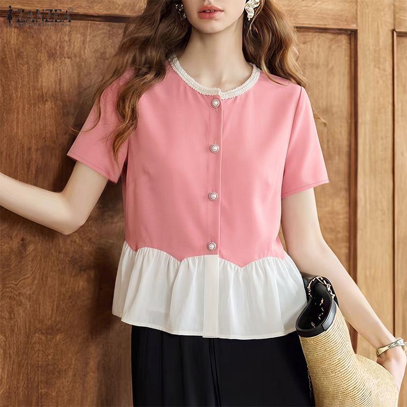 ZANZEA Women Casual Round Neck Splice Loose Short Sleeve Blouse Summer