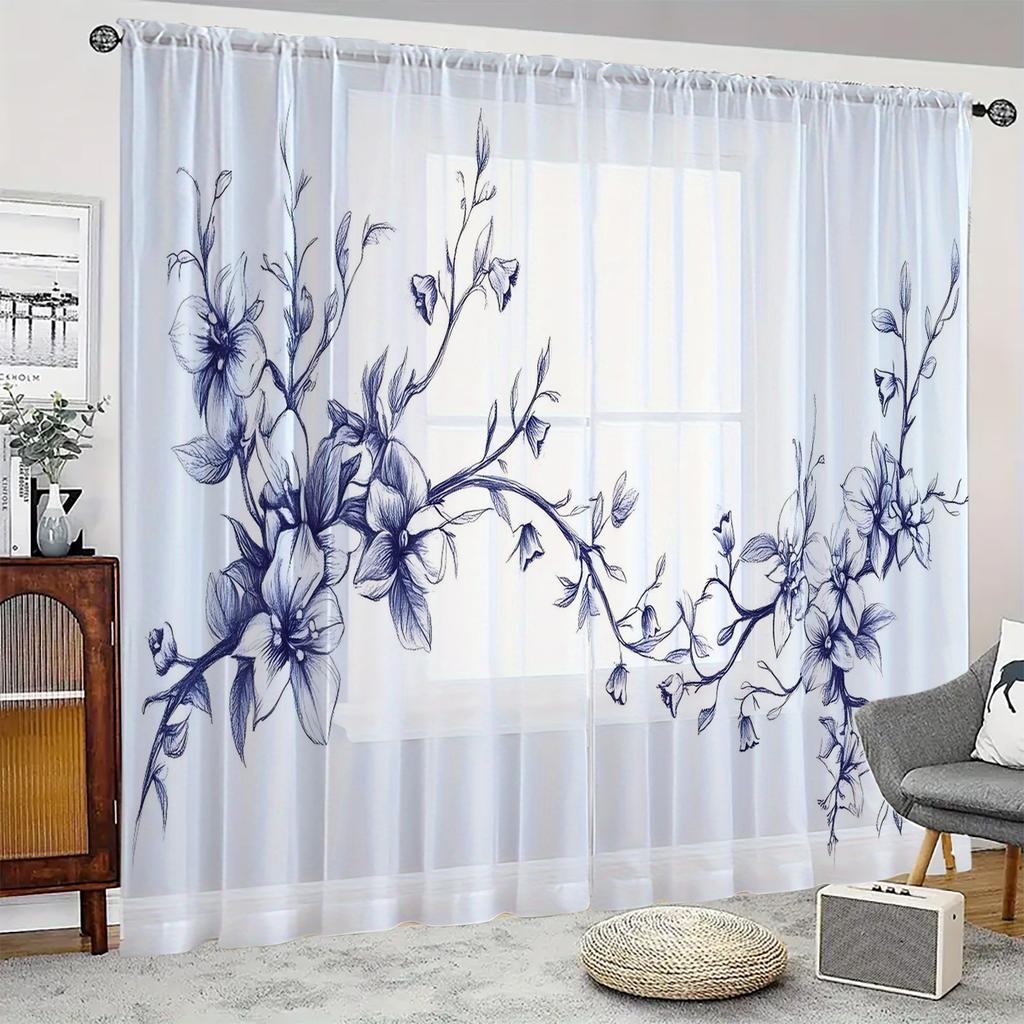 2 Pieces HD Digital Leaf Flowers  Printed Window Screen Home Decor Style Decoration Living Room Window Screening