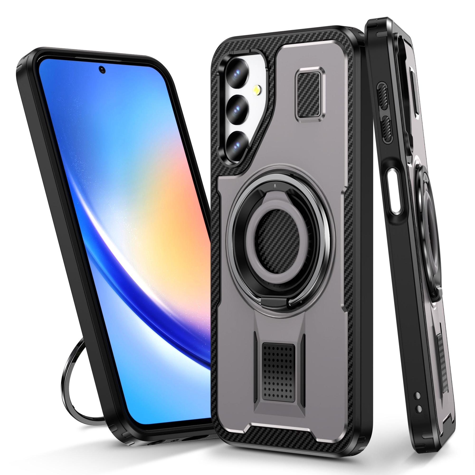 

For Samsung Galaxy A24 4G (162.1 x 77.6 x 8.3mm) Case TPU+PC Kickstand Phone Cover with Silicone Finger Strap Grey