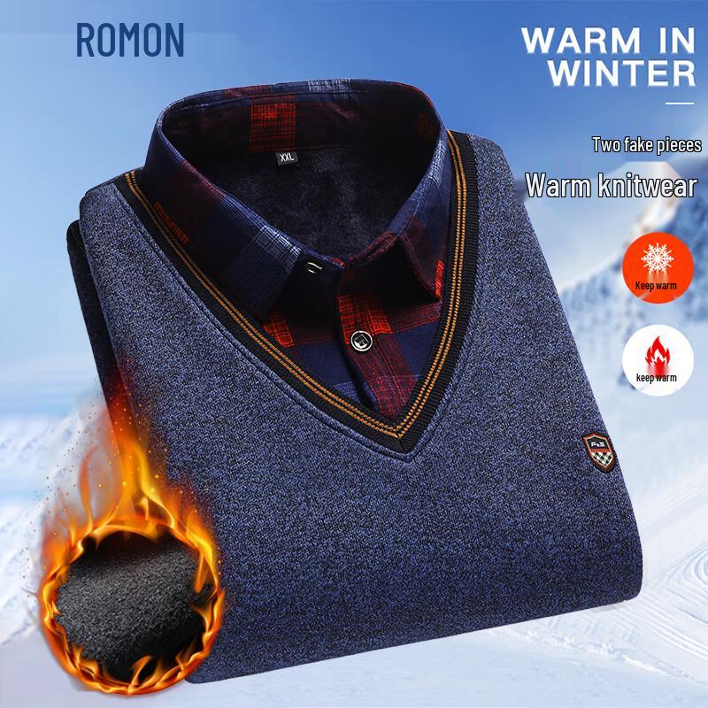 

ROMON Men s Fleece-Lined Faux Two-Piece Shirt Collar Sweater L