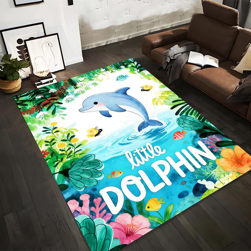 Colorful Carpet with Dolphin, Tropical Ocean Scene, Little Dolphin Text Suitable for use as an anti-slip for living room bedroom sofas