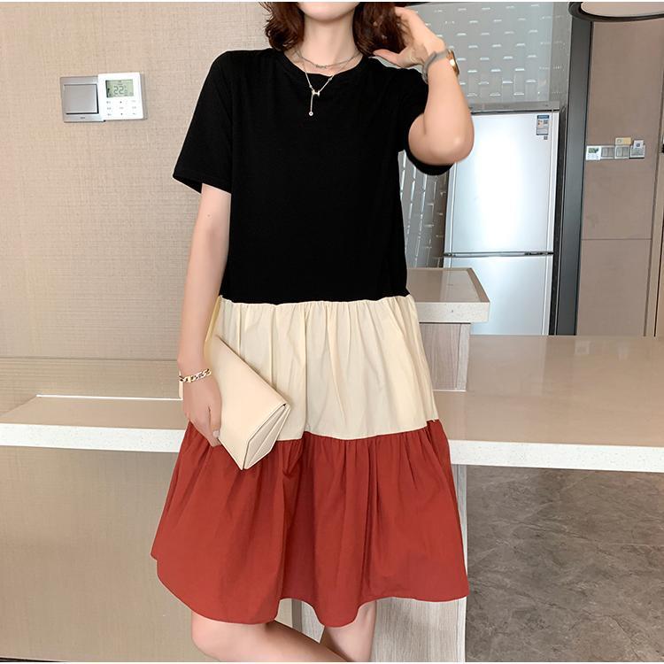 

Summer new medium and long contrasting color dress women s fake two-piece temperament splicing a-word skirt M бордовый