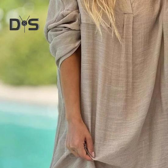 Lady Beach Shirt Dress with Cufflinks Thin Loose Side Slit Midi Dress Turn-down Collar Long Sleeve Dress for Vacation Daily Wear