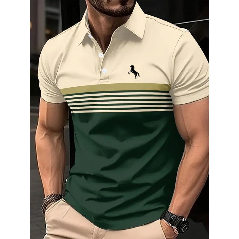 Herren Freizeit-Polohemd mit kurzen Ärmeln und 3D-Pferdedruck, gestreiftes Farbblock-Design, sportlicher Stil, mit Kragen, Golfhemd für den Sommer