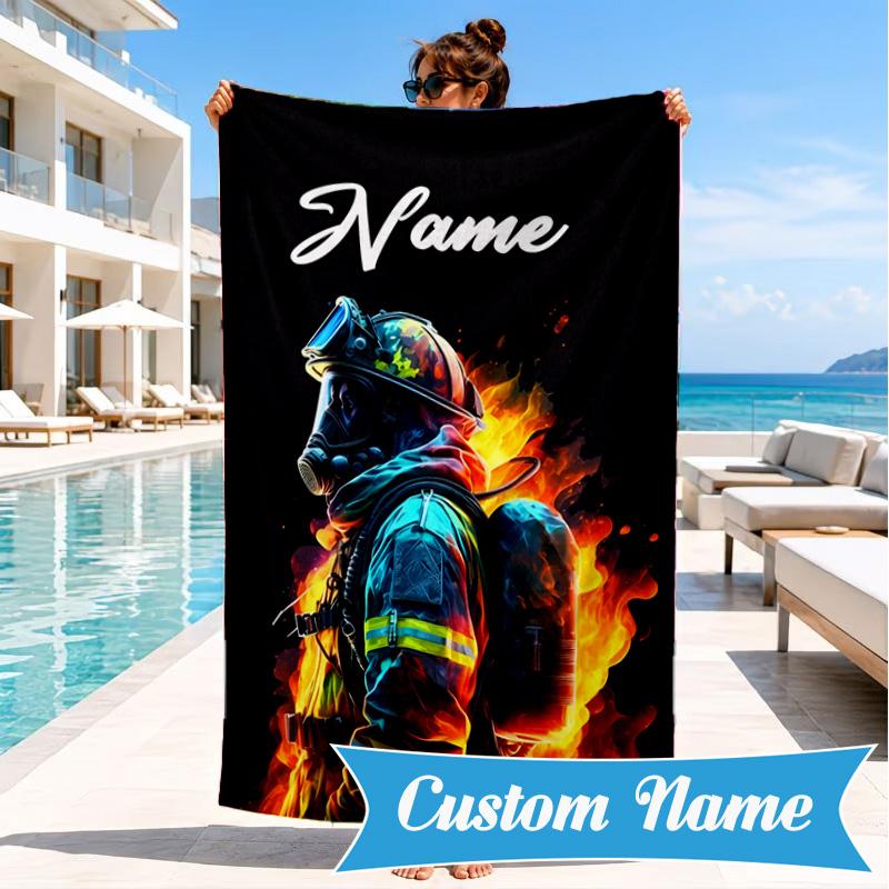 Custom Name Firefighter's Courage Beach Towel Microfiber Beach Towel, Lightweight and Quick-Dry, for Summer Travel, Swimming Pool Gift