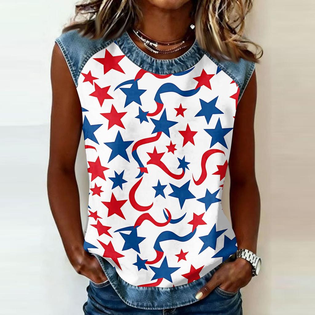 Women Sleeveless Pullover Tank Top Casual Round Neck Star Print Shirt Lightweight Summer Blouse Relaxed Fit