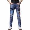 Thin Embroidery Printed Jeans Men's Fashion Brand Slim Fit Stretch Feet Pants Men's Fashion All-Matching
