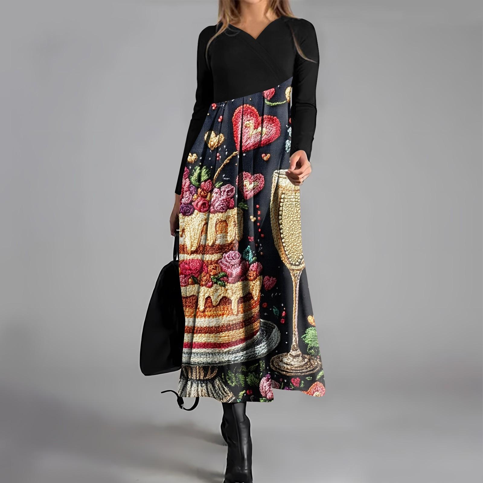 

Женское модное повседневное платье свободного покроя с V-образным вырезом, длинными рукавами, цветочным принтом и карманом на талии S чёрный