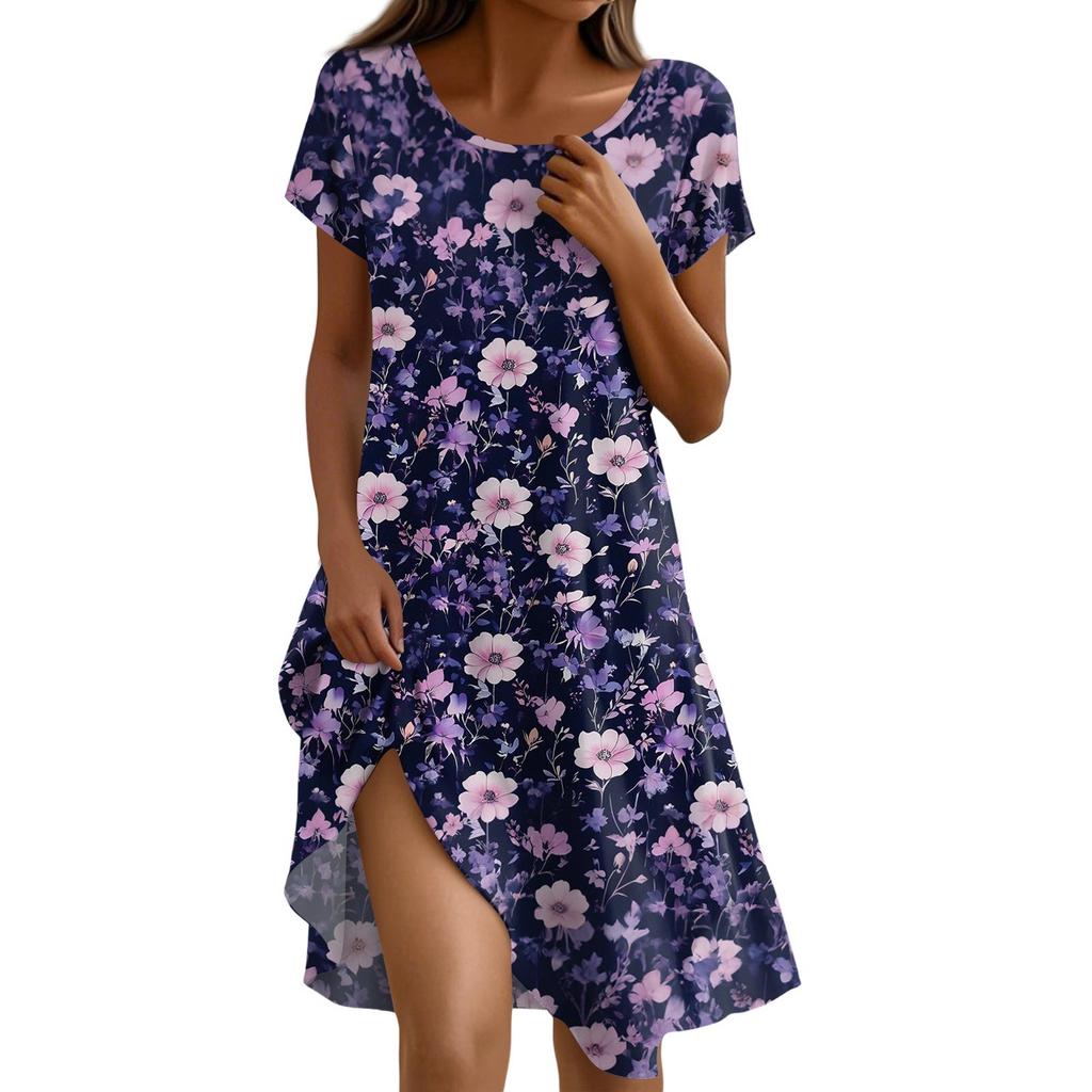 Kurzärmeliges Boho-Kleid für Damen, lässig, lockere Passform, Sommerkleid mit Print, Rundhalsausschnitt, mit Taschen