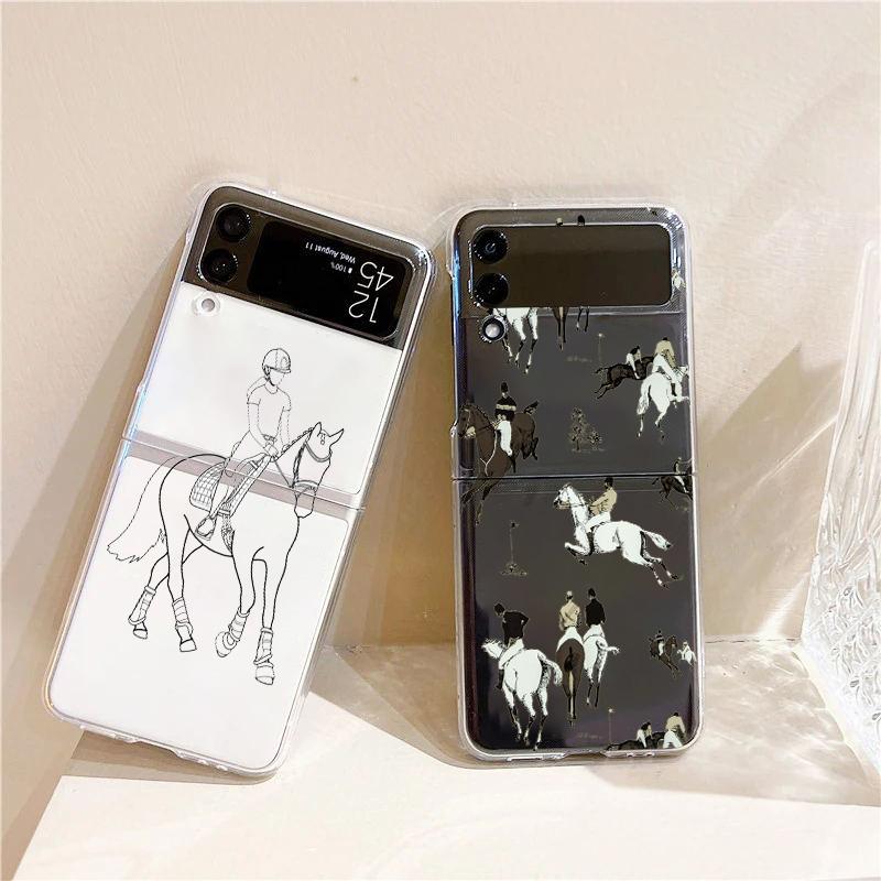 Phone Case For Samsung Galaxy Z Flip 3 4 5 Hard Folding Clear PC Bumper Animal Art Horse For Samsung Z Flip 6 Back Cover