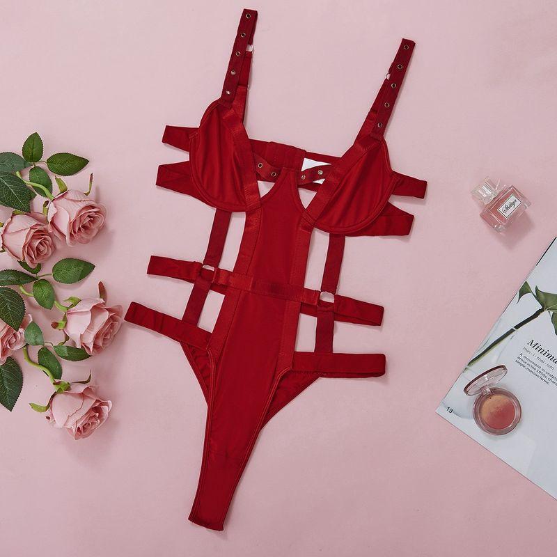 

Sexy Hollow Underwear Suit European and American Lace Sexy Hollow Nightclub Underwear Set Women Wine Red L