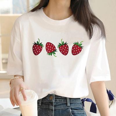 Kawaii design T-shirt met aardbeienprint, korte mouwen, bedrukt T-shirt voor dames, damestop.