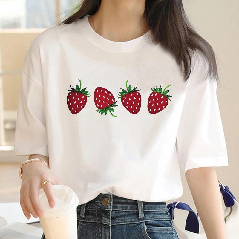 Kawaii Design Strawberry Print Short Sleeve Printed T Shirt  Clothing Women's T-Shirt Clothing Women's Top Tee