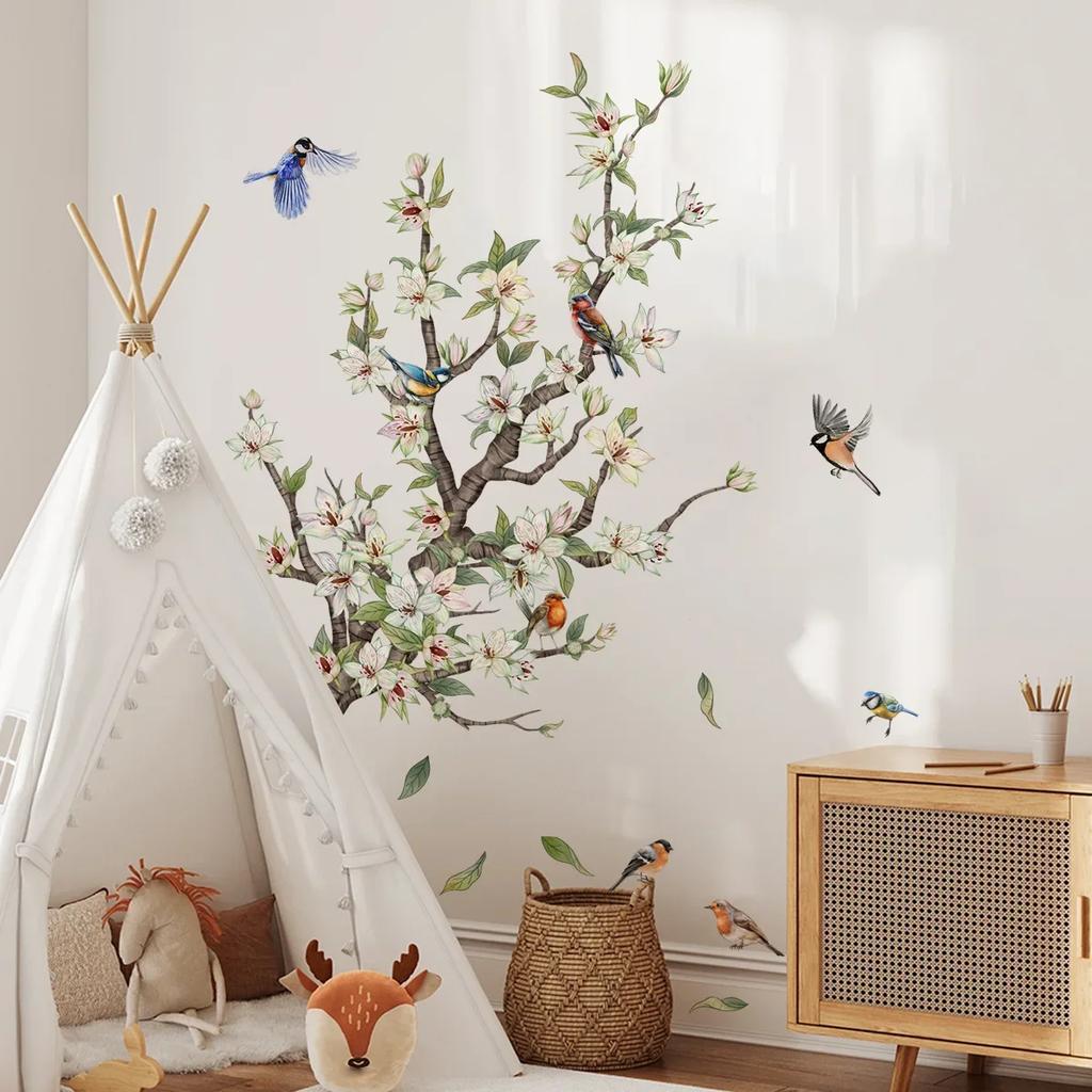 Chinese Style Tree Branch Bird Butterfly Wall Stickers Living Room Background Decoration Wallpaper Home Decor Art Decals Sticker