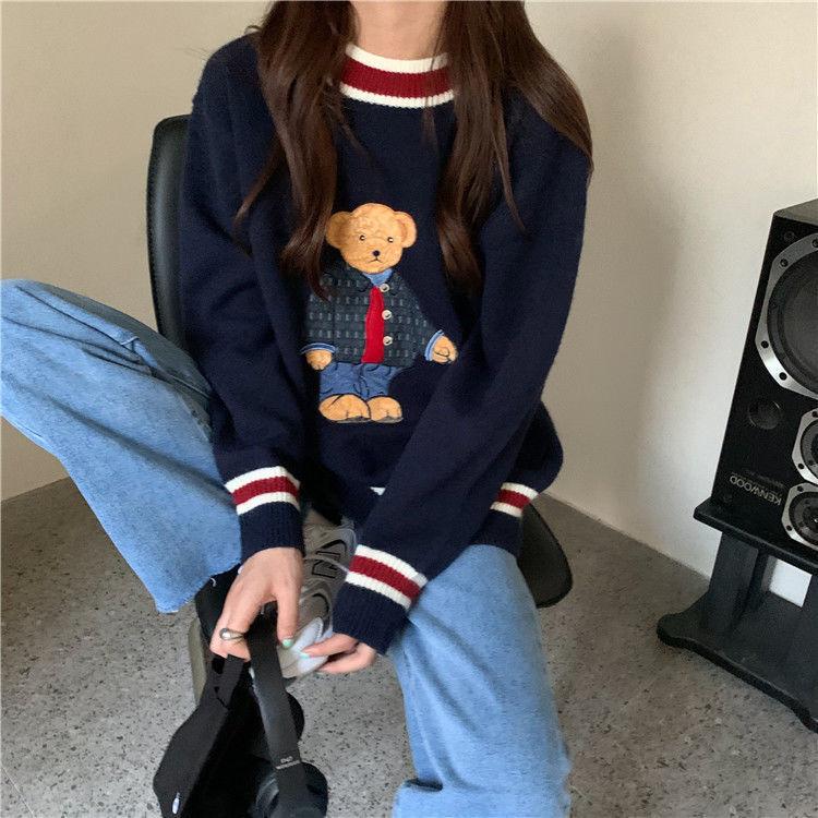 Vintage Cartoon Bear Embroidery Knitted Sweater Women Autumn Winter Harajuku Loose Pullover Korea Warm Sweet Kawaii Jumpers