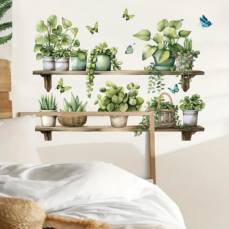 Watercolor Potted Plant Butterflies Wall Stickers For Living Room Decoration Wall Decals Bedroom Home Decor Background