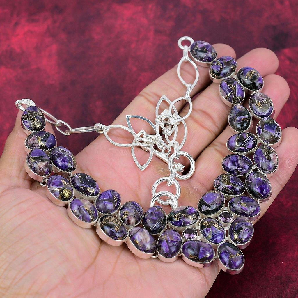 Měděný náhrdelník s charoitem a drahokamem, šperky z masivního sterlingového stříbra 925, nastavitelný ručně vyráběný řetízkový náhrdelník, dárek pro manželku