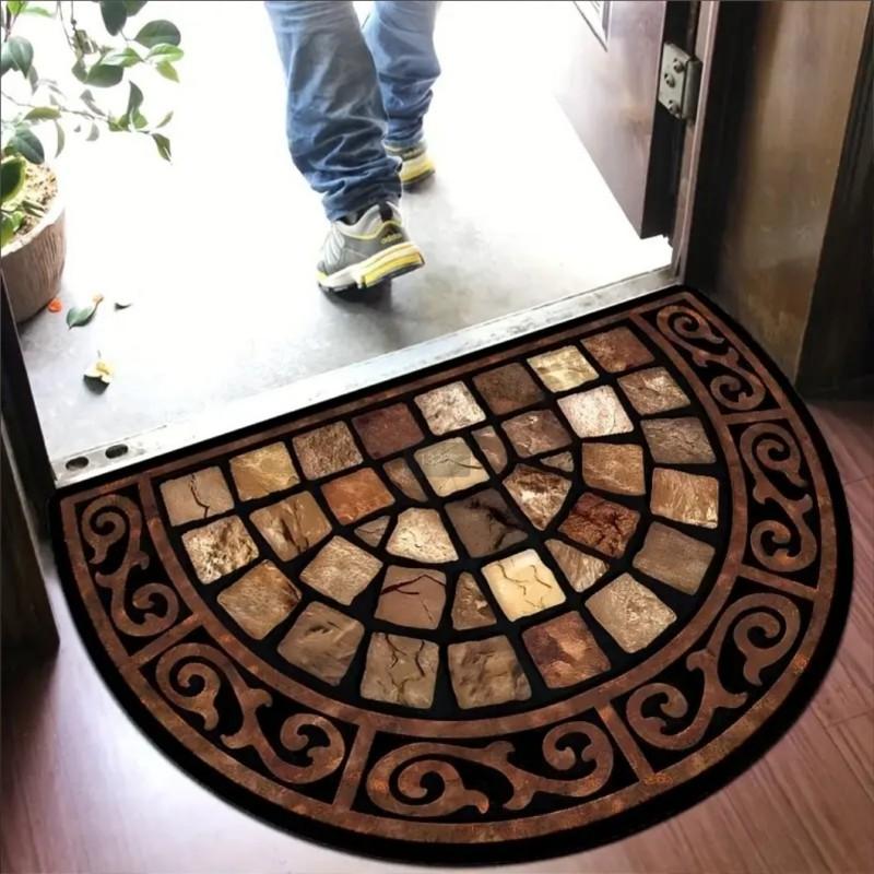 Geometric Stone Printed Half Circle Carpet Water Absorbent Anti Slip Soft Floor Mat Bathroom Bedroom Home Decoration