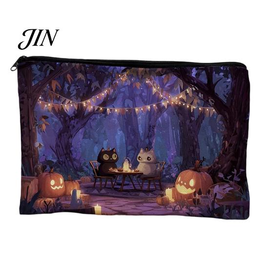 Witch Pumpkin Pattern Bag Storage Bag, with Smooth Zipper, Thickened Polyester Large Capacity Cosmetic Halloween Printed Pouch Reusable