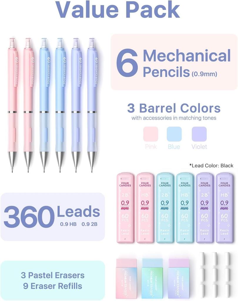 Four Candies Mechanical Pencil Set 6 Cute Pencils and 360 Lead 3 Pastel Erasers and 9 Eraser Aesthetic School Supplies for 0.9mm - HB/2B Refills,