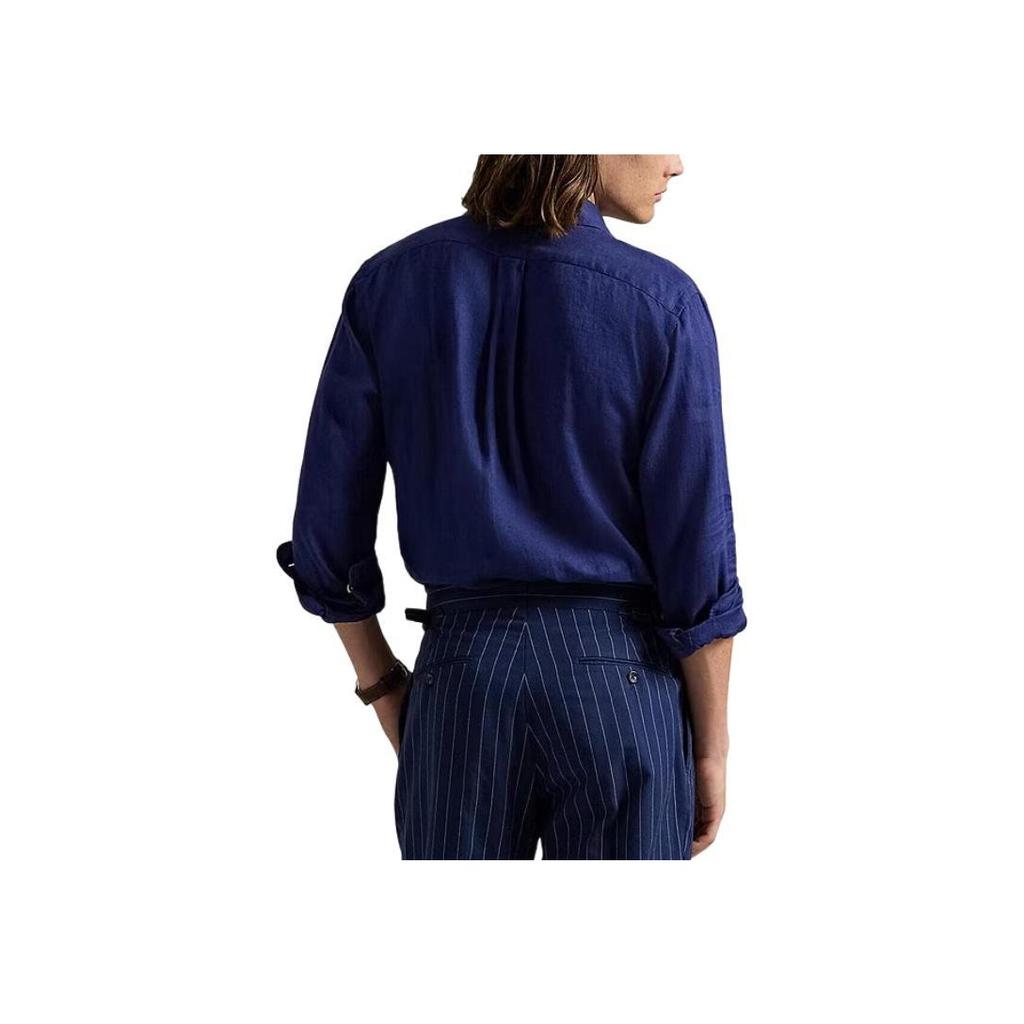 Polo Ralph Lauren Solid Color Long Sleeve Polo Collar Embroidered Single Breasted Shirt Classic Edition Men shirts Navy-Blue 710966292-501