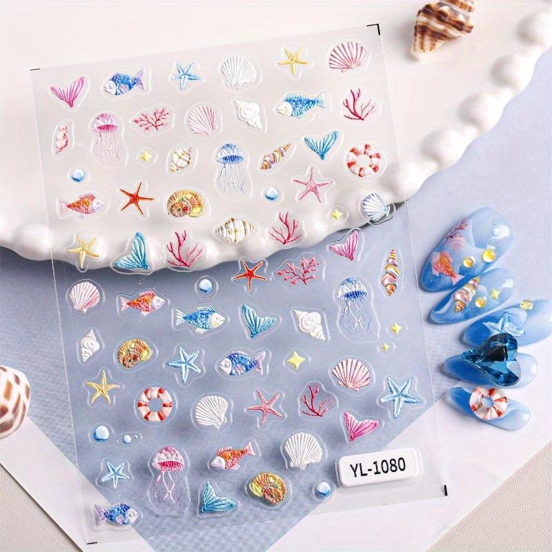 4 Sheets 3D Ocean Style Relief Nail Stickers Shell Starfish 3D Adhesive Stickers For Nails DIY Self-adhesive Nail Art Decorations