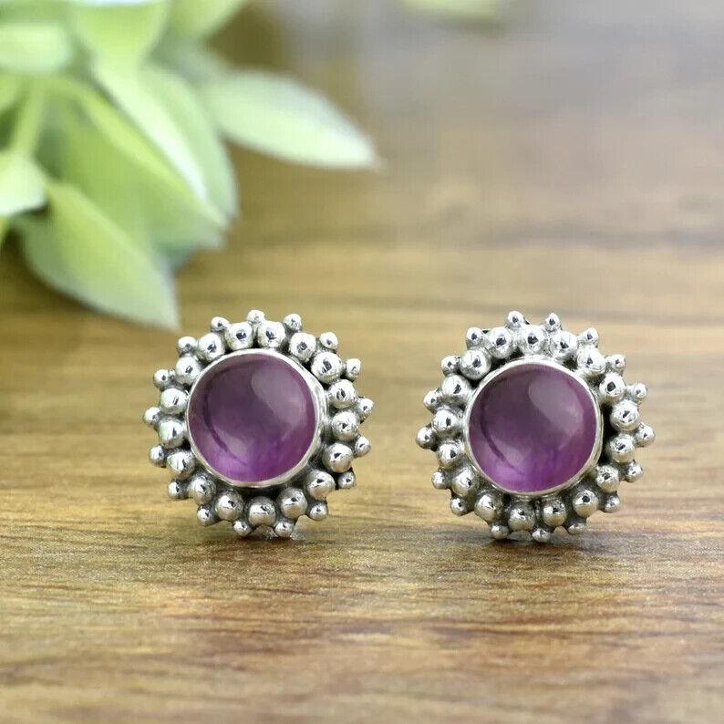 Purple Amethyst Gemstone Earrings 925 Sterling Silver Handmade Studs Earrings