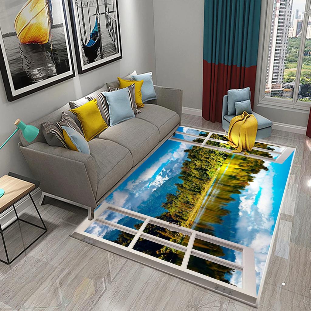 Tapete 3D Moderno Cenário de Janela Bela Vista Fora da Janela Tapetes Cozinha Banheiro Tapete Antiderrapante Sala de Estar Quarto Decoração Tapetes