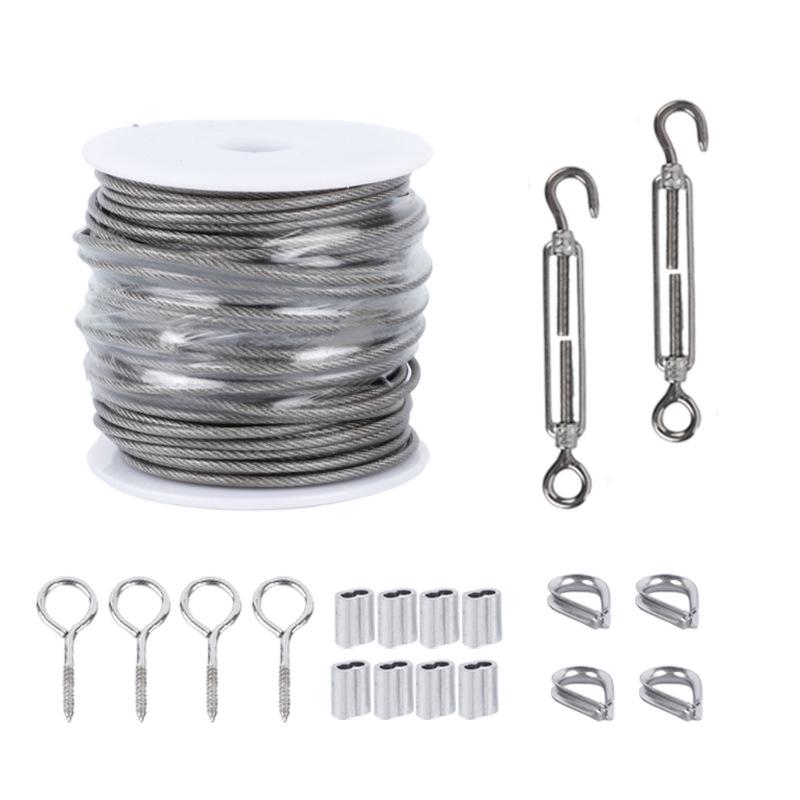 Stainless Steel Outdoor Wire Rope Kit with Carabiner Hook & Tensioner for String Lights and Clothesline.