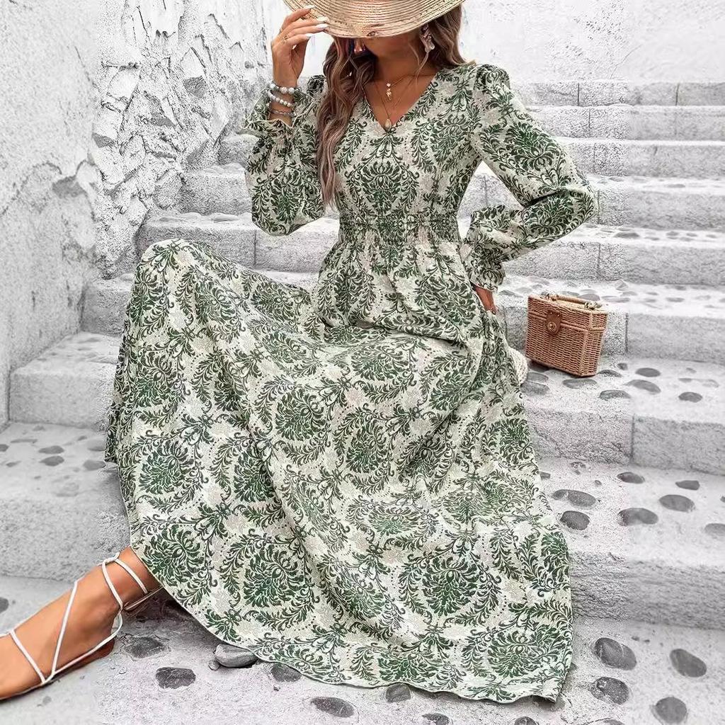 Women Spring Long Sleeve Floral Print V-neck Dress Summer Casual A-Line Ankle-Length Elastic High Waist Dresses