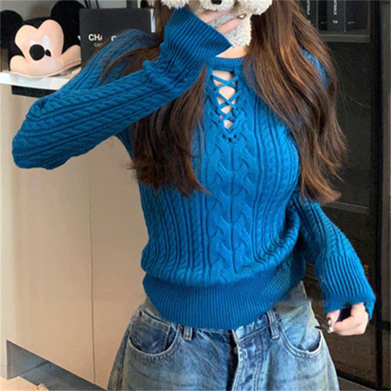 Herbst Winter Locker Lässig Einfarbig Aushöhlen Pullover Damen Rundhals Strickpullover Top