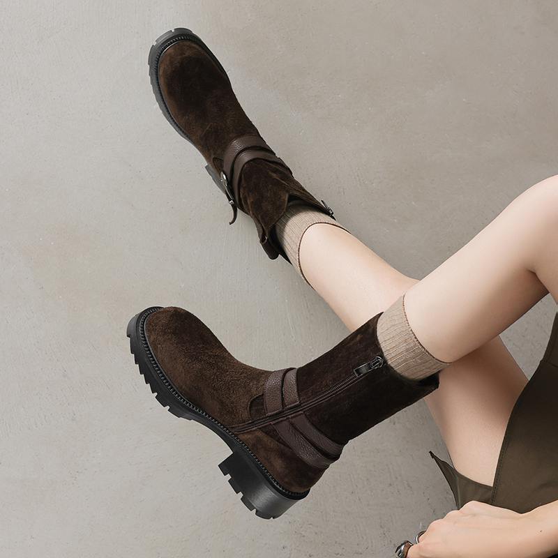 Krazing Pot Fashion Cow Suede Nubuck Winter Round Toe Modern Boots Med Heels Zipper Metal Buckle Mid-calf Boots