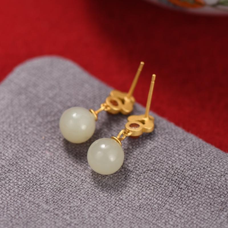 Tichiya High-End 925 Sterling Silver Earrings: Chinese Style Design with Natural White Jade