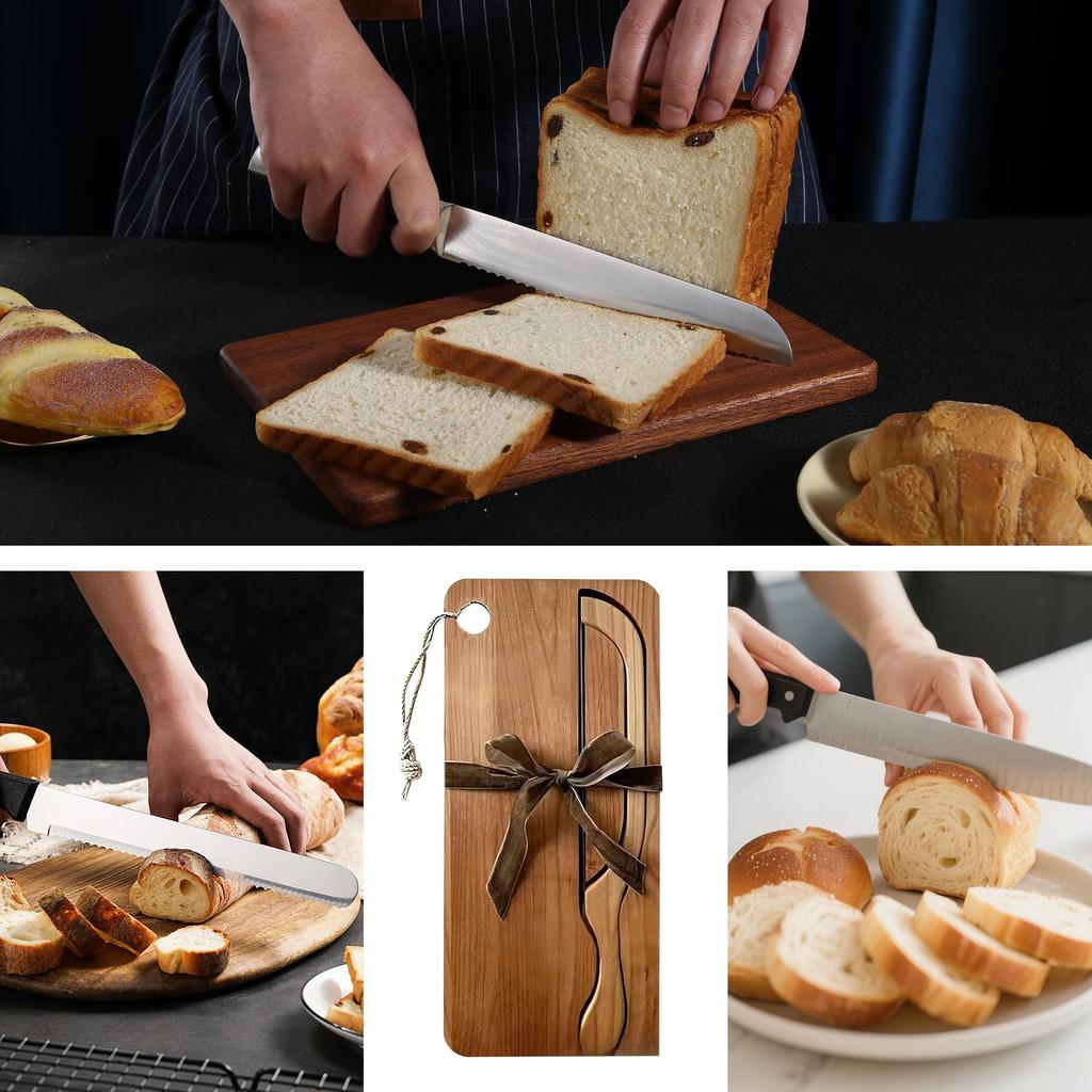Bread Cutting Board Stainless Bow-Shaped Cutter Wood Bread Slicing Board Set for Left and Right Hands Bagels French Baguettes