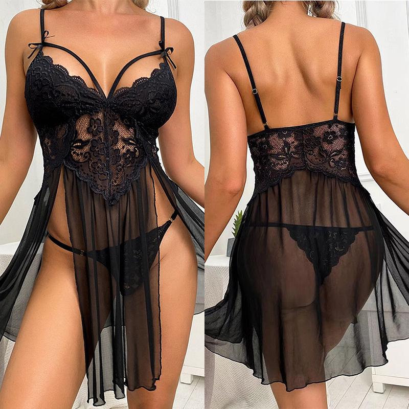 Sexy Lingerie Women Crotchless Sleepwear Pajamas Lace Dress Erotic Costumes Exotic Apparel Female Sexiest Nighties Nightgown