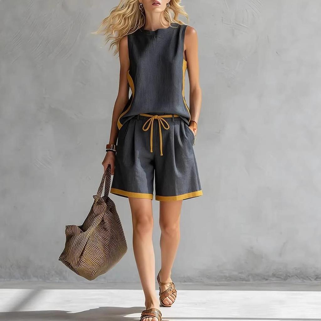 2026 European & American Sleeveless Color Block Wide-Leg Pantsuit - Summer Casual Fashion Two-Piece Set for Women